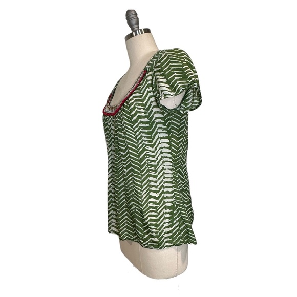 Anthropologie Velvet by Graham & Spencer Green & White Silk Beaded Blouse size S - Picture 3 of 9